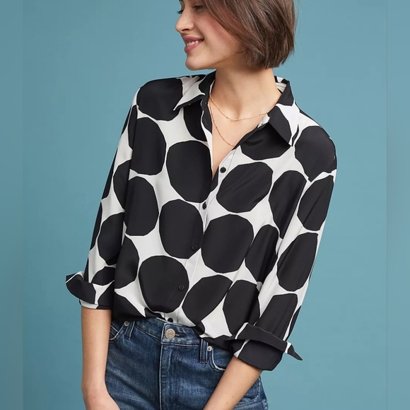 Marimekko Gabro Silk Buttondown Polka Dot Circle Print Size Small 36 from Anthro - Picture 1 of 11
